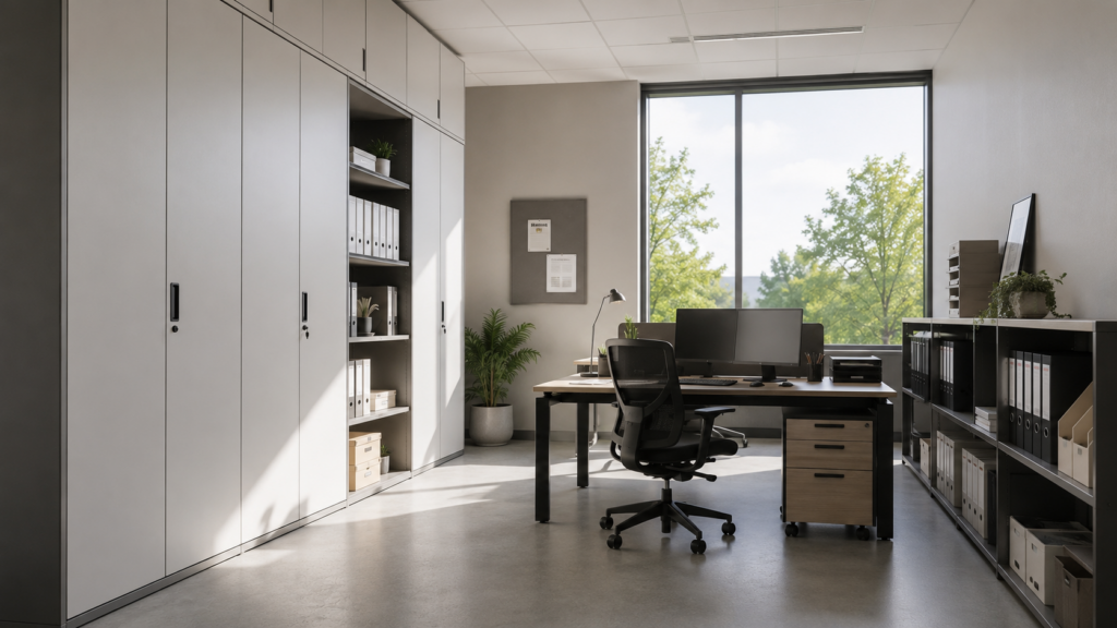 Bureau professionnel optimisé avec rangements en hauteur et mobilier compact pour gagner de l'espace