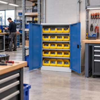 Armoire Basse IDEO 90 - Porte Battante 4 Étagères et 20 Bacs à Bec 8L