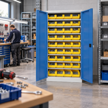 Armoire Haute IDEO 90 - Porte Battante 8 Étagères et 36 Bacs à Bec 8L