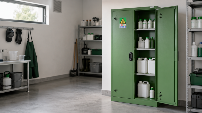 Armoire phytosanitaire métallique installée dans un local agricole conforme pour le stockage sécurisé des produits phytopharmaceutiques.