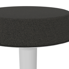 Gros plan sur l'assise ronde du tabouret assis-debout Gamme Élan, garnie de tissu Step Mélange chiné Gris carbone, sur son piètement blanc