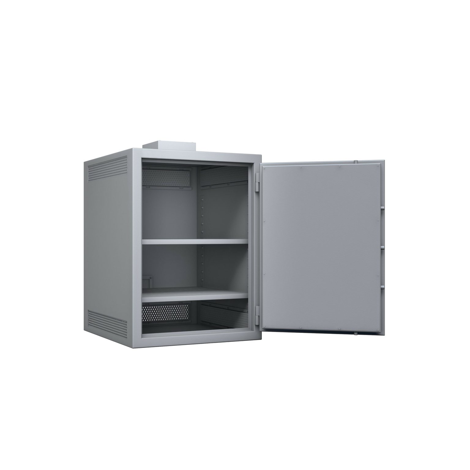 Armoire forte Serveur Protect porte grande ouverte, étagères perforées et rails de fixation