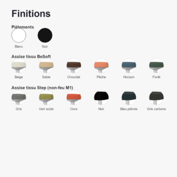 Nuancier des finitions du tabouret assis-debout Gamme Élan : les deux piètements Blanc et Noir, les six assises en tissu BeSoft (Beige, Sable, Chocolat, Pêche, Horizon, Forêt) et les six assises en tissu Step non-feu M1 (Gris, Vert acide, Ocre, Noir, Bleu pétrole, Gris carbone)