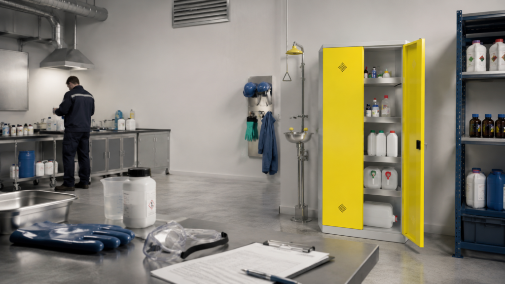Armoire de stockage de produits chimiques intégrée dans une zone technique avec ventilation, EPI et poste de préparation sécurisé.