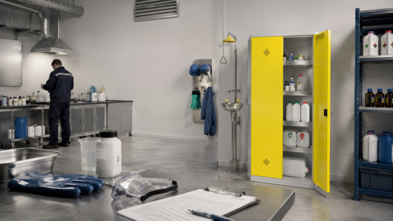 Armoire de stockage de produits chimiques intégrée dans une zone technique avec ventilation, EPI et poste de préparation sécurisé.