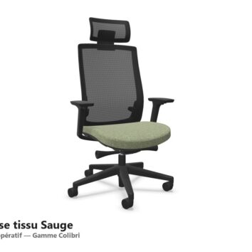 Siege operatif de bureau Colibri, assise tissu Sauge, dossier resille noir