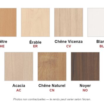 Nuancier des 7 coloris des tops de finition : hêtre, érable, chêne Vicenza, blanc, acacia, chêne naturel, noyer.